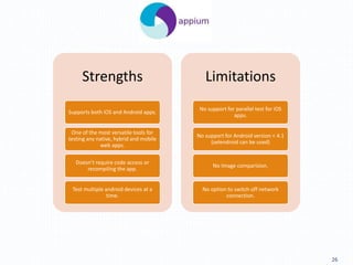 26
Strengths
Supports both iOS and Android apps.
One of the most versatile tools for
testing any native, hybrid and mobile
web apps.
Doesn’t require code access or
recompiling the app.
Test multiple android devices at a
time.
Limitations
No support for parallel test for iOS
apps.
No support for Android version < 4.1
(selendroid can be used)
No Image comparision.
No option to switch off network
connection.
 