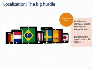 Localization: The big hurdle
7
Mobile apps
stores are global,
Mobile apps
should be too.
Supporting the
app in around 18
locales
Globalization
ready
 