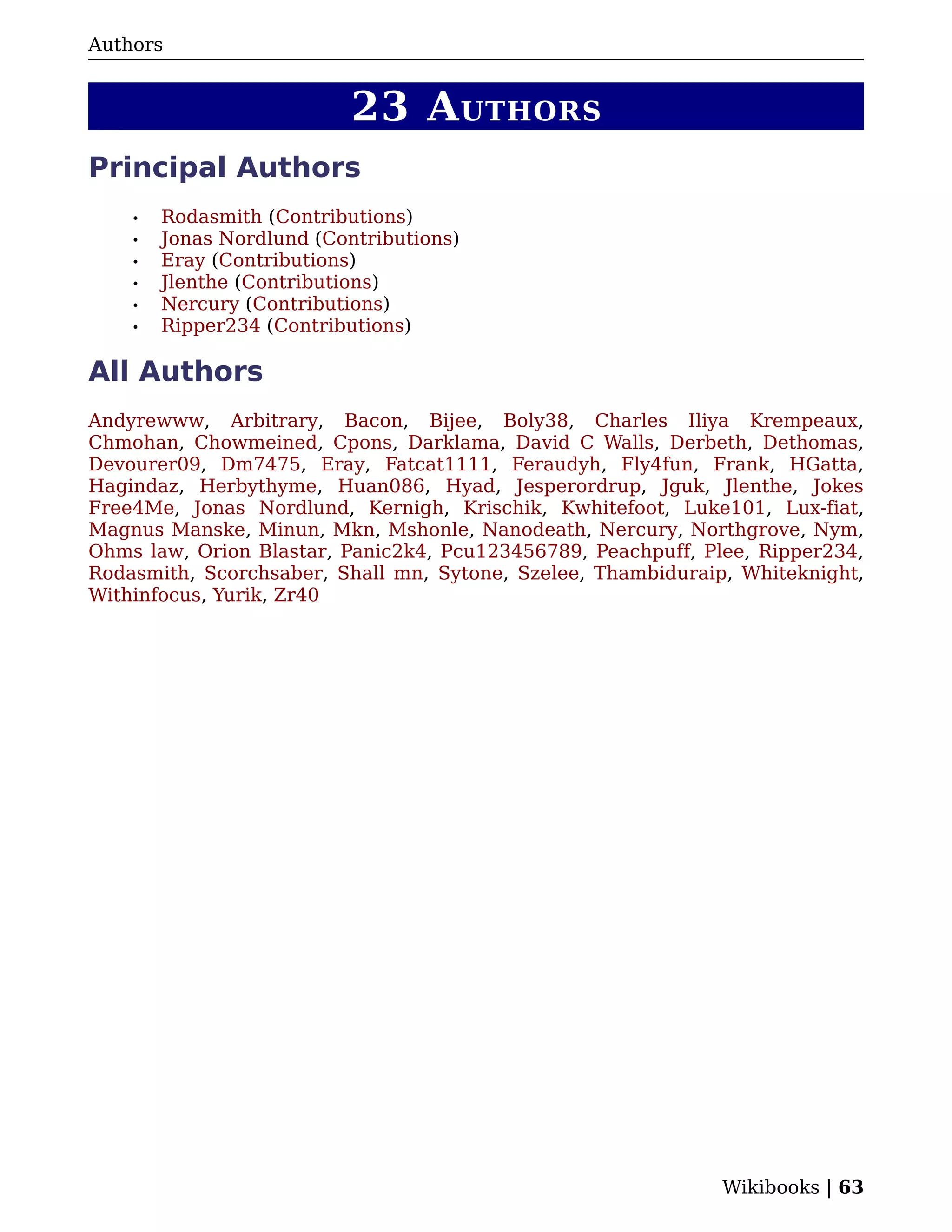 Authors


                           23 A UTHORS
Principal Authors
    •   Rodasmith (Contributions)
    •   Jonas Nordlund (Contributions)
    •   Eray (Contributions)
    •   Jlenthe (Contributions)
    •   Nercury (Contributions)
    •   Ripper234 (Contributions)

All Authors
Andyrewww, Arbitrary, Bacon, Bijee, Boly38, Charles Iliya Krempeaux,
Chmohan, Chowmeined, Cpons, Darklama, David C Walls, Derbeth, Dethomas,
Devourer09, Dm7475, Eray, Fatcat1111, Feraudyh, Fly4fun, Frank, HGatta,
Hagindaz, Herbythyme, Huan086, Hyad, Jesperordrup, Jguk, Jlenthe, Jokes
Free4Me, Jonas Nordlund, Kernigh, Krischik, Kwhitefoot, Luke101, Lux-fiat,
Magnus Manske, Minun, Mkn, Mshonle, Nanodeath, Nercury, Northgrove, Nym,
Ohms law, Orion Blastar, Panic2k4, Pcu123456789, Peachpuff, Plee, Ripper234,
Rodasmith, Scorchsaber, Shall mn, Sytone, Szelee, Thambiduraip, Whiteknight,
Withinfocus, Yurik, Zr40




                                                              Wikibooks | 63
 