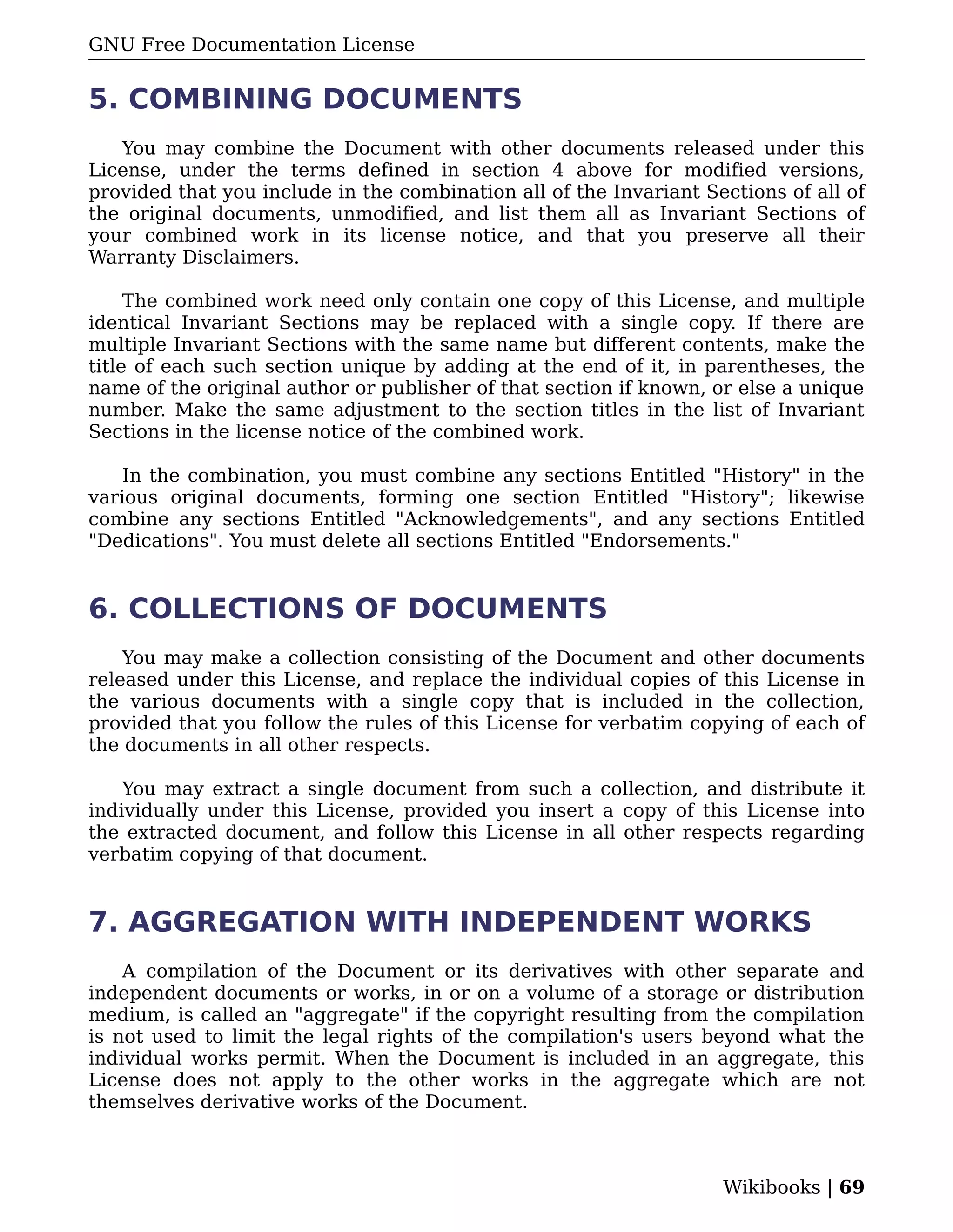 GNU Free Documentation License


5. COMBINING DOCUMENTS
   You may combine the Document with other documents released under this
License, under the terms defined in section 4 above for modified versions,
provided that you include in the combination all of the Invariant Sections of all of
the original documents, unmodified, and list them all as Invariant Sections of
your combined work in its license notice, and that you preserve all their
Warranty Disclaimers.

     The combined work need only contain one copy of this License, and multiple
identical Invariant Sections may be replaced with a single copy. If there are
multiple Invariant Sections with the same name but different contents, make the
title of each such section unique by adding at the end of it, in parentheses, the
name of the original author or publisher of that section if known, or else a unique
number. Make the same adjustment to the section titles in the list of Invariant
Sections in the license notice of the combined work.

    In the combination, you must combine any sections Entitled "History" in the
various original documents, forming one section Entitled "History"; likewise
combine any sections Entitled "Acknowledgements", and any sections Entitled
"Dedications". You must delete all sections Entitled "Endorsements."


6. COLLECTIONS OF DOCUMENTS
    You may make a collection consisting of the Document and other documents
released under this License, and replace the individual copies of this License in
the various documents with a single copy that is included in the collection,
provided that you follow the rules of this License for verbatim copying of each of
the documents in all other respects.

    You may extract a single document from such a collection, and distribute it
individually under this License, provided you insert a copy of this License into
the extracted document, and follow this License in all other respects regarding
verbatim copying of that document.


7. AGGREGATION WITH INDEPENDENT WORKS
    A compilation of the Document or its derivatives with other separate and
independent documents or works, in or on a volume of a storage or distribution
medium, is called an "aggregate" if the copyright resulting from the compilation
is not used to limit the legal rights of the compilation's users beyond what the
individual works permit. When the Document is included in an aggregate, this
License does not apply to the other works in the aggregate which are not
themselves derivative works of the Document.



                                                                    Wikibooks | 69
 