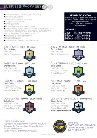 Coinspace Ltd. // www.coinspace.eu
• Includes access to the distributor’s Backoffice
• 365 days active-status
• Includes Coinspace mining service
• One year mining contract
• Mining operations
• Project Shares (quarter mine or higher)
• »Crypto money maker« device : Software that allows you to
mine multiple digital currencies and enables you to obtain the
new cryptocurrency S-coin before its launch
• Full access to trading opportunities
• Includes all bonuses
• A system to improve your financial wellbeing
M I N I M U M M I N E : 300 € (50 points)
Bronze Series
Held Coins: 30
Mining: 2,4 coins/day
M I C R O M I N E : 150 € (20 points)
Bronze Series
Held Coins: 15
Mining: 1,0 coins/day
B A S I C M I N E : 700 € (120 points)
Bronze Series
Held Coins: 100
Mining: 5,5 coins/day
Q U A R T E R M I N E : 1.500 € (250 points)
Silver Series
Held Coins: 250
Mining: 12 coins/day
Project Share: +1
F U L L M I N E : 6.000 € (1.000 points)
Gold Series
Held Coins: 1.000
Mining: 48 coins/day
Project Share: +5
H A L F M I N E : 3.000 € (500 poins)
Silver Series
- Held Coins: 500
- Mining: 24 coins/day
- Project Share: +3
U L T I M A T E M I N E : 24.000 € (4.000 points)
Black Series
Held Coins: 8.000
Mining: 200 coins/day
Project Share: +30
MERCHANT PRIORITY
D O U B L E M I N E : 12.000 € (2.000 points)
Gold Series
Held Coins: 2.000
Mining: 100 coins/day
Project Share: +12
CO-FOUNDER PACKAGE
Package for the largest volume investment opportunity
Coinspace Co-Founders Club Members Exclusive
Benefits and Rewards!
Double mine(3%) and Ultimate mine(2x3%)
E x c l u s i v e
O N L Y 1 5 0 C O - F O U N D E R
p a c k a g e s a v a i l a b l e f o r
e v e r y c o n t i n e n t
GOOD TO KNOW
Why is it good to start with either the
Minimum Mine (300€) or a greater
package to become a
FULLY QUALIFIED MEMBER
IMMEDIATELY
Packages
0eur - 12% / no mining
150eur - 12% / mining
300eur - 20% / mining
B U S I N E S S P A C K A G E S
HALF
MINE
FULL
MINE
DOUBLE
MINE
ULTIMATE
MINE
MICRO
MINE
BASIC
MINE
MINIMUM
MINE
QUARTER
MINE
 