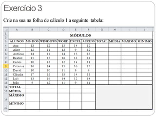 Exercício 3
Crie na sua na folha de cálculo 1 a seguinte tabela:
 