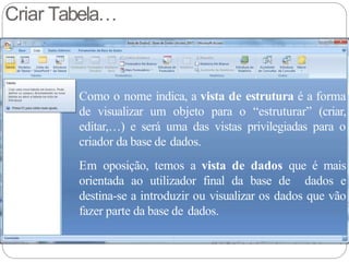 Criar Tabela…
Como o nome indica, a vista de estrutura é a forma
de visualizar um objeto para o “estruturar” (criar,
editar,…) e será uma das vistas privilegiadas para o
criador da base de dados.
Em oposição, temos a vista de dados que é mais
orientada ao utilizador final da base de dados e
destina-se a introduzir ou visualizar os dados que vão
fazer parte da base de dados.
 