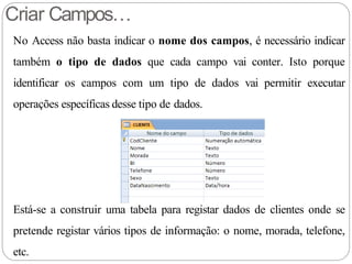 Está-se a construir uma tabela para registar dados de clientes onde se
pretende registar vários tipos de informação: o nome, morada, telefone,
etc.
Criar Campos…
No Access não basta indicar o nome dos campos, é necessário indicar
também o tipo de dados que cada campo vai conter. Isto porque
identificar os campos com um tipo de dados vai permitir executar
operações específicas desse tipo de dados.
 
