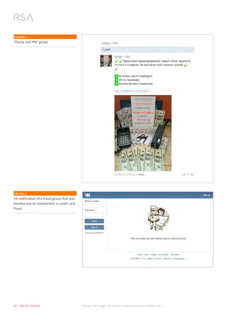 12  |  RSA WHITEPAPER	 Hiding in Plain Sight:The Growth of Cybercrime in Social Media, Part 2
	
  
FIGURE 5 
“Dump and PIN” group
FIGURE 6 
VK notification of a fraud group that was
blocked due to involvement in credit card
fraud
 