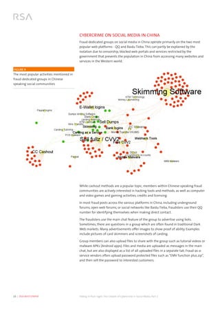 15  |  RSA WHITEPAPER	 Hiding in Plain Sight:The Growth of Cybercrime in Social Media, Part 2
CYBERCRIME ON SOCIAL MEDIA IN CHINA
Fraud-dedicated groups on social media in China operate primarily on the two most
popular web platforms - QQ and Baidu Tieba. This can partly be explained by the
isolation due to censorship, blocked web portals and services restricted by the
government that prevents the population in China from accessing many websites and
services in the Western world.
While cashout methods are a popular topic, members within Chinese-speaking fraud
communities are actively interested in hacking tools and methods, as well as computer
and video games and gaming activities, credits and licensing.
In most fraud posts across the various platforms in China, including underground
forums, open web forums, or social networks like Baidu Tieba, fraudsters use their QQ
number for identifying themselves when making direct contact.
The fraudsters use the main chat feature of the group to advertise using bots.
Sometimes, there are questions in a group which are often found in traditional Dark
Web markets. Many advertisements offer images to show proof of ability. Examples
include pictures of card skimmers and screenshots of carding.
Group members can also upload files to share with the group such as tutorial videos or
malware APKs (Android apps). Files and media are uploaded as messages in the main
chat, but are also displayed as a list of all uploaded files in a separate tab. Fraud-as-a-
service vendors often upload password protected files such as “EMV function plus.zip”,
and then sell the password to interested customers.
FIGURE 9
The most popular activities mentioned in
fraud-dedicated groups in Chinese
speaking social communities
 