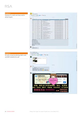 20  |  RSA WHITEPAPER	 Hiding in Plain Sight:The Growth of Cybercrime in Social Media, Part 2
	
  FIGURE 14
Preview of a credit card shop used to
attract buyers
FIGURE 15
ID cards, money laundering, debit cards,
and WIFI networks for sale
 