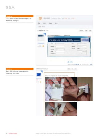 22  |  RSA WHITEPAPER	 Hiding in Plain Sight:The Growth of Cybercrime in Social Media, Part 2
FIGURE 17
Bank ATM skimmer copying device
collecting POS data
	
  FIGURE 16
“ID + Name + Card Number, so you can
withdraw money!!!”
 