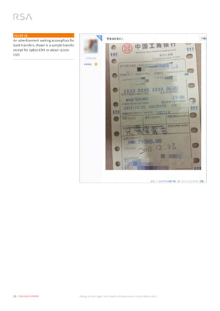 23  |  RSA WHITEPAPER	 Hiding in Plain Sight:The Growth of Cybercrime in Social Media, Part 2
	
  FIGURE 18
An advertisement seeking accomplices for
bank transfers; shown is a sample transfer
receipt for 79800 CNY, or about 12,000
USD
 