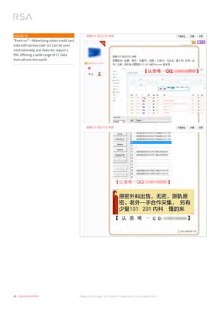 24  |  RSA WHITEPAPER	 Hiding in Plain Sight:The Growth of Cybercrime in Social Media, Part 2
	
  FIGURE 19
“Fresh 101” – Advertising stolen credit card
data with service code 101. Can be used
internationally, and does not require a
PIN. Offering a wide range of CC data
from all over the world
 