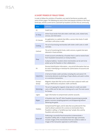 7  |  RSA WHITEPAPER	 Hiding in Plain Sight:The Growth of Cybercrime in Social Media, Part 2
A SHORT PRIMER OF FRAUD TERMS
In order to follow the activities of fraudsters, we need to familiarize ourselves with
some of their jargon. The following are some of the most popular activities in the fraud
landscape, and the current terms used both by fraudsters and the info-sec community
Term Definition
CC Credit Card
CC Shop
Online fraud vendor that sells stolen credit data, cards, related tools,
services, and information.
CC Checker
An application or a website that offers a service that checks if credit
card data is still active or valid.
Carding
The act of purchasing merchandise with stolen credit cards or credit
card data.
Cashout
The act of monetizing the funds, credit, services, or goods that were
obtained in fraud activities.
Drop
A bank account controlled by a fraudster that is used to receive funds
from fraudulent transactions or money transfers.
A physical address / location where merchandise can be sent to be
picked up by the fraudster or their collaborators.
PII
Personal identification information – any and all information that can
be used in identifying an individual for authorization of accounts and
transactions.
Fullz/CVV2
A full set of stolen credit card data, including the card owner’s PII.
Commonly obtained via phishing or Trojan attacks, and used in online
or e-commerce transactions.
Dumps/
dumpz
Magnetic stripe data that can be used to clone a physical credit card
using an MSR device and plastic credit card blanks.
Skimming
The act of copying the magnetic stripe data of a credit card, debit
card, or ATM card, for later use in cloning such a card. The main source
for Dumps.
Logins Login information to compromised customer accounts.
Ripper
A fraudster who “rips off” other fraudsters by promising to provide
goods or services, accepting payment, and disappearing without
delivering the goods.
Freebies
Compromised PII, logins, and CC data that are publicized for free.
Used to attract customers for a service or merchandise that a
fraudster is selling –a “try before you buy” sample. Also used by
fraudsters who wish to brag.
Show-off
Publicizing a successful fraud transaction to demonstrate a
fraudster’s ability, skill, or simply to boost their ego. Commonly
includes images of the merchandise that was carded or stolen or
images of the transaction approval or confirmation.
 