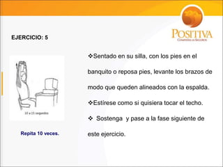 vSentado en su silla, con los pies en el
banquito o reposa pies, levante los brazos de
modo que queden alineados con la espalda.
vEstírese como si quisiera tocar el techo.
v Sostenga y pase a la fase siguiente de
este ejercicio.
EJERCICIO: 5
Repita 10 veces.
 