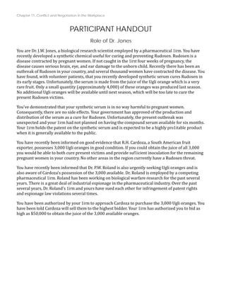 Chapter 11: Conflict and Negotiation in the Workplace
PARTICIPANT HANDOUT
Role of Dr. Jones
You are Dr. J.W. Jones, a biological research scientist employed by a pharmaceutical 1irm. You have
recently developed a synthetic chemical useful for curing and preventing Rudosen. Rudosen is a
disease contracted by pregnant women. If not caught in the 1irst four weeks of pregnancy, the
disease causes serious brain, eye, and ear damage to the unborn child. Recently there has been an
outbreak of Rudosen in your country, and several thousand women have contracted the disease. You
have found, with volunteer patients, that you recently developed synthetic serum cures Rudosen in
its early stages. Unfortunately, the serum is made from the juice of the Ugli orange which is a very
rare fruit. Only a small quantity (approximately 4,000) of these oranges was produced last season.
No additional Ugli oranges will be available until next season, which will be too late to cure the
present Rudosen victims.
You've demonstrated that your synthetic serum is in no way harmful to pregnant women.
Consequently, there are no side effects. Your government has approved of the production and
distribution of the serum as a cure for Rudosen. Unfortunately, the present outbreak was
unexpected and your 1irm had not planned on having the compound serum available for six months.
Your 1irm holds the patent on the synthetic serum and is expected to be a highly pro1itable product
when it is generally available to the public.
You have recently been informed on good evidence that R.H. Cardoza, a South American fruit
exporter, possesses 3,000 Ugli oranges in good condition. If you could obtain the juice of all 3,000
you would be able to both cure present victims and provide suf1icient inoculation for the remaining
pregnant women in your country. No other areas in the region currently have a Rudosen threat.
You have recently been informed that Dr. P.W. Roland is also urgently seeking Ugli oranges and is
also aware of Cardoza's possession of the 3,000 available. Dr. Roland is employed by a competing
pharmaceutical 1irm. Roland has been working on biological warfare research for the past several
years. There is a great deal of industrial espionage in the pharmaceutical industry. Over the past
several years, Dr. Roland's 1irm and yours have sued each other for infringement of patent rights
and espionage law violations several times.
You have been authorized by your 1irm to approach Cardoza to purchase the 3,000 Ugli oranges. You
have been told Cardoza will sell them to the highest bidder. Your 1irm has authorized you to bid as
high as $50,000 to obtain the juice of the 3,000 available oranges.
 