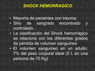 SHOCK HEMORRAGICO
• Mayoría de pacientes con trauma.
• Sitio de sangrado encontrado y
controlado.
• La clasificación del Shock hemorrágico
se relaciona con los diferentes grados
de pérdida de volumen sanguíneo
• El volumen sanguíneo en un adulto:
7% del peso corporal ideal (5 L en una
persona de 70 Kg).
 