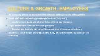 CULTURE & GROWTH: EMPLOYEES
• As company grows so does distance between employees and management
• Small staff with increasing passenger load and frequency
• Leads to more bags and shorter time, with no pay increase
• Flight attendants asked to work longer hours
• Boosted productivity but no pay increase, stock value also declining
• Southwest is no longer underdog so their pay should match the success of the
company
 