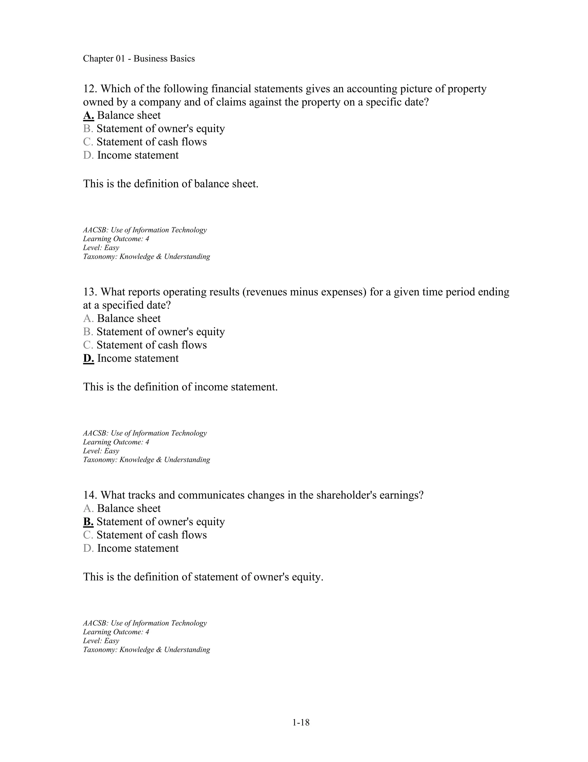 Chapter 01 - Business Basics
1-18
12. Which of the following financial statements gives an accounting picture of property
owned by a company and of claims against the property on a specific date?
A. Balance sheet
B. Statement of owner's equity
C. Statement of cash flows
D. Income statement
This is the definition of balance sheet.
AACSB: Use of Information Technology
Learning Outcome: 4
Level: Easy
Taxonomy: Knowledge & Understanding
13. What reports operating results (revenues minus expenses) for a given time period ending
at a specified date?
A. Balance sheet
B. Statement of owner's equity
C. Statement of cash flows
D. Income statement
This is the definition of income statement.
AACSB: Use of Information Technology
Learning Outcome: 4
Level: Easy
Taxonomy: Knowledge & Understanding
14. What tracks and communicates changes in the shareholder's earnings?
A. Balance sheet
B. Statement of owner's equity
C. Statement of cash flows
D. Income statement
This is the definition of statement of owner's equity.
AACSB: Use of Information Technology
Learning Outcome: 4
Level: Easy
Taxonomy: Knowledge & Understanding
 