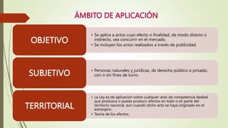 ÁMBITO DE APLICACIÓN
• Se aplica a actos cuyo efecto o finalidad, de modo directo o
indirecto, sea concurrir en el mercado.
• Se incluyen los actos realizados a través de publicidad.
OBJETIVO
• Personas naturales y jurídicas, de derecho público o privado,
con o sin fines de lucro.
SUBJETIVO
• La Ley es de aplicación sobre cualquier acto de competencia desleal
que produzca o pueda producir efectos en todo o en parte del
territorio nacional, aun cuando dicho acto se haya originado en el
extranjero.
• Teoría de los efectos.
TERRITORIAL
 