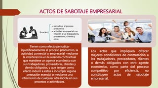 ACTOS DE SABOTAJE EMPRESARIAL
Tienen como efecto perjudicar
injustificadamente el proceso productivo, la
actividad comercial o empresarial mediante
la interferencia en la relación contractual
que mantiene un agente económico con
sus trabajadores, proveedores, clientes y
demás obligados, y que tengan como
efecto inducir a éstos a incumplir alguna
prestación esencial o mediante una
intromisión de cualquier otra índole en sus
procesos o actividades.
Los actos que impliquen ofrecer
mejores condiciones de contratación a
los trabajadores, proveedores, clientes
o demás obligados con otro agente
económico, como parte del proceso
competitivo por eficiencia, no
constituyen actos de sabotaje
empresarial.
 