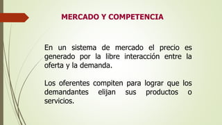MERCADO Y COMPETENCIA
En un sistema de mercado el precio es
generado por la libre interacción entre la
oferta y la demanda.
Los oferentes compiten para lograr que los
demandantes elijan sus productos o
servicios.
 