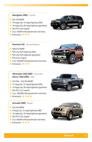 Navigator 2WD Lincoln
   $51,130 MSRP
   10 mpg city, 14 mpg highway (E85)
   14 mpg city, 20 mpg highway (gasoline)
   V8, FFV, 5.4L engine
   6-yr, 70,000 mile powertrain warranty
   Emissions: ★ ★ ★



    Hummer H2 General Motors
   $68,575 MSRP
   N/A city, N/A highway (E85)
   N/A city, N/A highway (gasoline)
   FFV, 6.2L engine
   5-yr, 100,000 mile powertrain warranty
   Emissions: ★ ★ ★



    Silverado 1500 2WD Chevrolet
    Sierra 1500 2WD GMC
   $19,590 – $25,760 MSRP
   11 mpg city, 15 mpg highway (E85)
   14 mpg city, 20 mpg highway (gasoline)
   V8, FFV, 5.3L engine
   5-yr, 100,000 mile powertrain warranty
   Emissions: ★ ★ ★ ★


    Armada 2WD Nissan
   $37,210 MSRP
   9 mpg city, 13 mpg highway (E85)
   12 mpg city, 18 mpg highway (gasoline)
   V8, FFV, 5.6L engine
   5-yr, 60,000 mile powertrain warranty
   Emissions: ★ ★ ★




                                             Ethanol   19
 