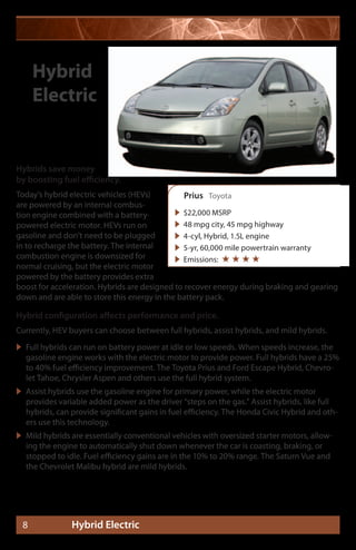 Hybrid
     Electric


Hybrids save money
by boosting fuel efficiency.
Today’s hybrid electric vehicles (HEVs)         Prius Toyota
are powered by an internal combus-
tion engine combined with a battery-          $22,000 MSRP
powered electric motor. HEVs run on           48 mpg city, 45 mpg highway
gasoline and don’t need to be plugged         4-cyl, Hybrid, 1.5L engine
in to recharge the battery. The internal      5-yr, 60,000 mile powertrain warranty
combustion engine is downsized for            Emissions: ★ ★ ★ ★
normal cruising, but the electric motor
powered by the battery provides extra
boost for acceleration. Hybrids are designed to recover energy during braking and gearing
down and are able to store this energy in the battery pack.

Hybrid configuration affects performance and price.
Currently, HEV buyers can choose between full hybrids, assist hybrids, and mild hybrids.
 Full hybrids can run on battery power at idle or low speeds. When speeds increase, the
  gasoline engine works with the electric motor to provide power. Full hybrids have a 25%
  to 40% fuel efficiency improvement. The Toyota Prius and Ford Escape Hybrid, Chevro-
  let Tahoe, Chrysler Aspen and others use the full hybrid system.
 Assist hybrids use the gasoline engine for primary power, while the electric motor
  provides variable added power as the driver “steps on the gas.” Assist hybrids, like full
  hybrids, can provide significant gains in fuel efficiency. The Honda Civic Hybrid and oth-
  ers use this technology.
 Mild hybrids are essentially conventional vehicles with oversized starter motors, allow-
  ing the engine to automatically shut down whenever the car is coasting, braking, or
  stopped to idle. Fuel efficiency gains are in the 10% to 20% range. The Saturn Vue and
  the Chevrolet Malibu hybrid are mild hybrids.




 8             Hybrid Electric
 