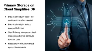 Primary Storage on
Cloud Simplifies DR
● Data is already in cloud - no
additional transfers needed
● Data is already in a cloud
accessible format
● Start Primary storage on cloud
instance and direct compute
towards data
● Recovery in minutes without
upfront investments
 