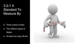 3-2-1 A
Standard To
Measure By
● Three copies of data
● Two different types of
Media
● At least one copy off-site
 