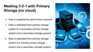 Meeting 3-2-1 with Primary
Storage (no cloud)
● Data is snapshot for point-in-time recovery
● Data is replicated from primary storage
system to a secondary primary storage
system (not a secondary storage system)
● Data is replicated from primary storage
system to a remote primary storage
system (not a secondary storage system)
 
