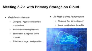 ● First the Architecture
○ Compute / Applications remain
on-premises
○ All-Flash cache on-premises
○ Second tier at regional cloud
provider
○ Third tier at large cloud provider
Meeting 3-2-1 with Primary Storage on Cloud
● All-Flash Solves Performance
○ Regional Tier solves latency
○ Large cloud solves durability
 