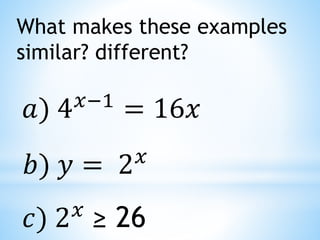 What makes these examples
similar? different?
𝑎) 4𝑥−1 = 16𝑥
𝑏) 𝑦 = 2𝑥
𝑐) 2𝑥 ≥ 26
 