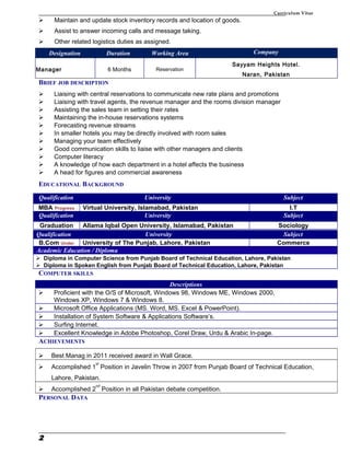 Curriculum Vitae
 Maintain and update stock inventory records and location of goods.
 Assist to answer incoming calls and message taking.
 Other related logistics duties as assigned.
Designation Duration Working Area Company
Manager 6 Months Reservation
Sayyam Heights Hotel.
Naran, Pakistan
BRIEF JOB DESCRIPTION
 Liaising with central reservations to communicate new rate plans and promotions
 Liaising with travel agents, the revenue manager and the rooms division manager
 Assisting the sales team in setting their rates
 Maintaining the in-house reservations systems
 Forecasting revenue streams
 In smaller hotels you may be directly involved with room sales
 Managing your team effectively
 Good communication skills to liaise with other managers and clients
 Computer literacy
 A knowledge of how each department in a hotel affects the business
 A head for figures and commercial awareness
EDUCATIONAL BACKGROUND
Qualification University Subject
MBA Progress Virtual University, Islamabad, Pakistan I.T
Qualification University Subject
Graduation Allama Iqbal Open University, Islamabad, Pakistan Sociology
Qualification University Subject
B.Com Under University of The Punjab, Lahore, Pakistan Commerce
Academic Education / Diploma
 Diploma in Computer Science from Punjab Board of Technical Education, Lahore, Pakistan
 Diploma in Spoken English from Punjab Board of Technical Education, Lahore, Pakistan
COMPUTER SKILLS
Descriptions
 Proficient with the O/S of Microsoft, Windows 98, Windows ME, Windows 2000,
Windows XP, Windows 7 & Windows 8.
 Microsoft Office Applications (MS. Word, MS. Excel & PowerPoint).
 Installation of System Software & Applications Software’s.
 Surfing Internet.
 Excellent Knowledge in Adobe Photoshop, Corel Draw, Urdu & Arabic In-page.
ACHIEVEMENTS
 Best Manag in 2011 received award in Wall Grace.
 Accomplished 1
st
Position in Javelin Throw in 2007 from Punjab Board of Technical Education,
Lahore, Pakistan.
 Accomplished 2
nd
Position in all Pakistan debate competition.
PERSONAL DATA
2
 