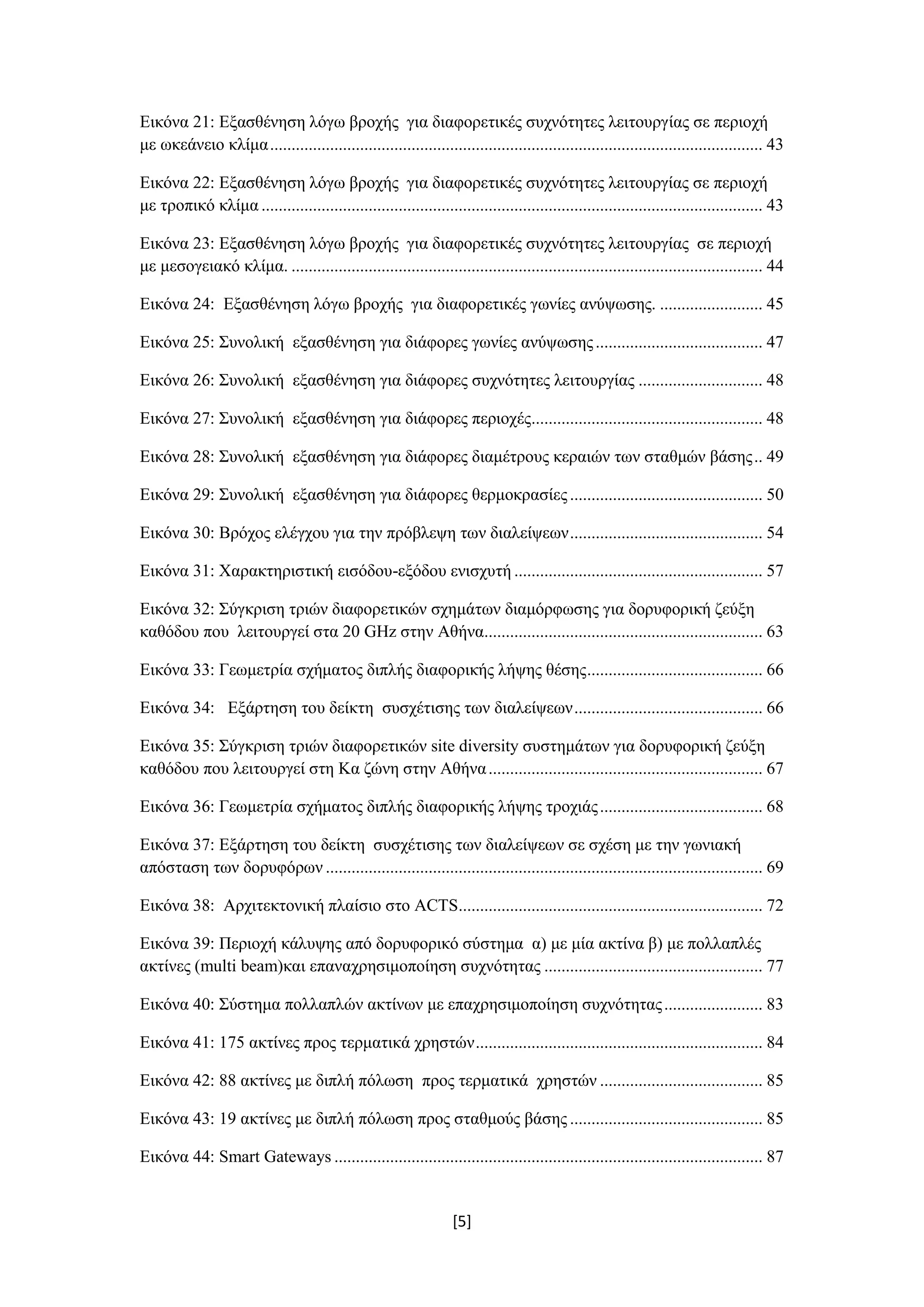 [5]
Εικόνα 21: Εξασθένηση λόγω βροχής για διαφορετικές συχνότητες λειτουργίας σε περιοχή
με ωκεάνειο κλίμα................................................................................................................... 43
Εικόνα 22: Εξασθένηση λόγω βροχής για διαφορετικές συχνότητες λειτουργίας σε περιοχή
με τροπικό κλίμα ..................................................................................................................... 43
Εικόνα 23: Εξασθένηση λόγω βροχής για διαφορετικές συχνότητες λειτουργίας σε περιοχή
με μεσογειακό κλίμα. .............................................................................................................. 44
Εικόνα 24: Εξασθένηση λόγω βροχής για διαφορετικές γωνίες ανύψωσης. ........................ 45
Εικόνα 25: Συνολική εξασθένηση για διάφορες γωνίες ανύψωσης....................................... 47
Εικόνα 26: Συνολική εξασθένηση για διάφορες συχνότητες λειτουργίας ............................. 48
Εικόνα 27: Συνολική εξασθένηση για διάφορες περιοχές...................................................... 48
Εικόνα 28: Συνολική εξασθένηση για διάφορες διαμέτρους κεραιών των σταθμών βάσης.. 49
Εικόνα 29: Συνολική εξασθένηση για διάφορες θερμοκρασίες............................................. 50
Εικόνα 30: Βρόχος ελέγχου για την πρόβλεψη των διαλείψεων............................................. 54
Εικόνα 31: Χαρακτηριστική εισόδου-εξόδου ενισχυτή .......................................................... 57
Εικόνα 32: Σύγκριση τριών διαφορετικών σχημάτων διαμόρφωσης για δορυφορική ζεύξη
καθόδου που λειτουργεί στα 20 GHz στην Αθήνα................................................................. 63
Εικόνα 33: Γεωμετρία σχήματος διπλής διαφορικής λήψης θέσης......................................... 66
Εικόνα 34: Εξάρτηση του δείκτη συσχέτισης των διαλείψεων............................................ 66
Εικόνα 35: Σύγκριση τριών διαφορετικών site diversity συστημάτων για δορυφορική ζεύξη
καθόδου που λειτουργεί στη Κα ζώνη στην Αθήνα................................................................ 67
Εικόνα 36: Γεωμετρία σχήματος διπλής διαφορικής λήψης τροχιάς...................................... 68
Εικόνα 37: Εξάρτηση του δείκτη συσχέτισης των διαλείψεων σε σχέση με την γωνιακή
απόσταση των δορυφόρων ...................................................................................................... 69
Εικόνα 38: Αρχιτεκτονική πλαίσιο στο ACTS....................................................................... 72
Εικόνα 39: Περιοχή κάλυψης από δορυφορικό σύστημα α) με μία ακτίνα β) με πολλαπλές
ακτίνες (multi beam)και επαναχρησιμοποίηση συχνότητας ................................................... 77
Εικόνα 40: Σύστημα πολλαπλών ακτίνων με επαχρησιμοποίηση συχνότητας....................... 83
Εικόνα 41: 175 ακτίνες προς τερματικά χρηστών................................................................... 84
Εικόνα 42: 88 ακτίνες με διπλή πόλωση προς τερματικά χρηστών ...................................... 85
Εικόνα 43: 19 ακτίνες με διπλή πόλωση προς σταθμούς βάσης ............................................. 85
Εικόνα 44: Smart Gateways .................................................................................................... 87
 
