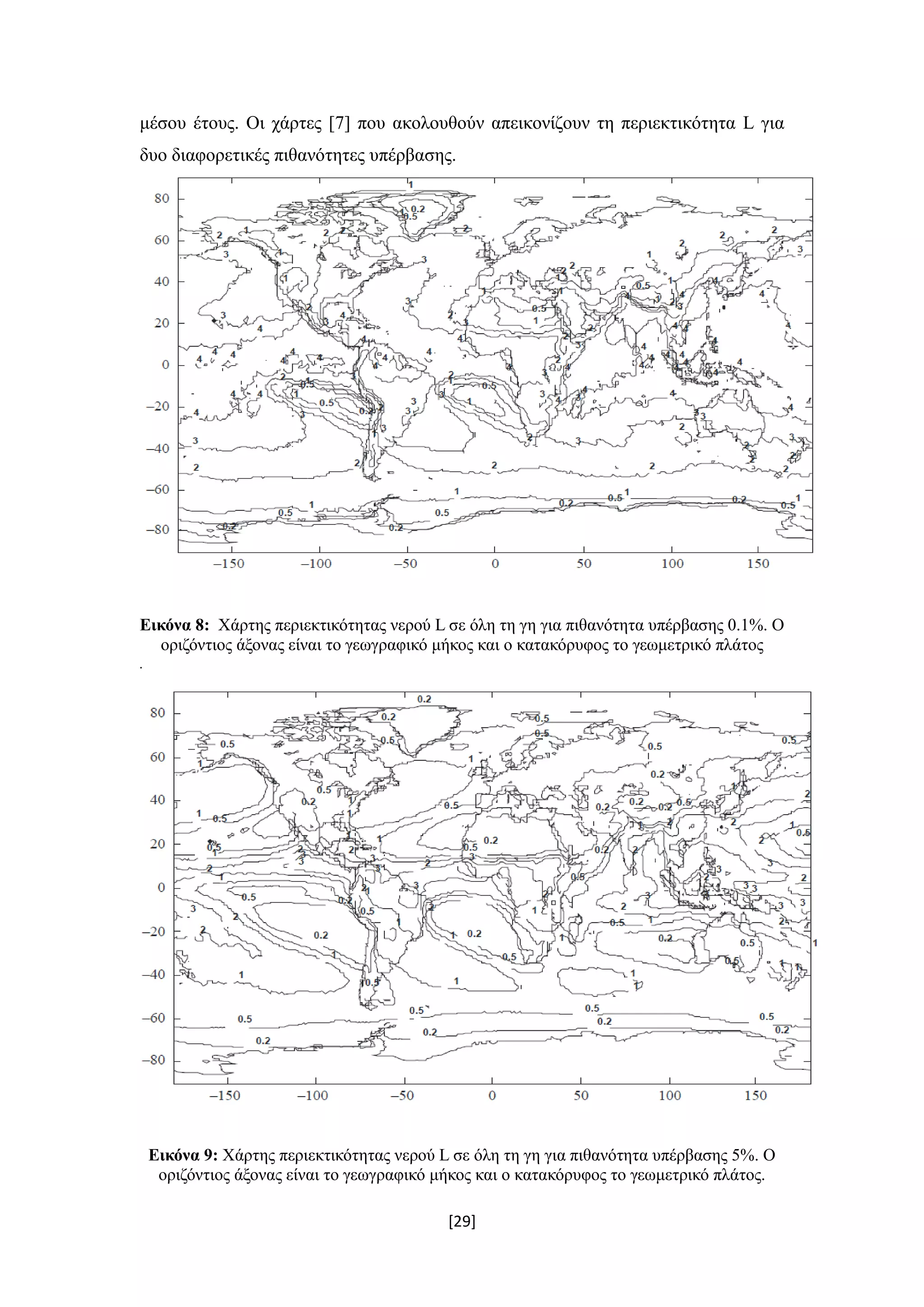 [29]
μέσου έτους. Οι χάρτες [7] που ακολουθούν απεικονίζουν τη περιεκτικότητα L για
δυο διαφορετικές πιθανότητες υπέρβασης.
Εικόνα 8: Χάρτης περιεκτικότητας νερού L σε όλη τη γη για πιθανότητα υπέρβασης 0.1%. Ο
οριζόντιος άξονας είναι το γεωγραφικό μήκος και ο κατακόρυφος το γεωμετρικό πλάτος
.
Εικόνα 9: Χάρτης περιεκτικότητας νερού L σε όλη τη γη για πιθανότητα υπέρβασης 5%. Ο
οριζόντιος άξονας είναι το γεωγραφικό μήκος και ο κατακόρυφος το γεωμετρικό πλάτος.
 