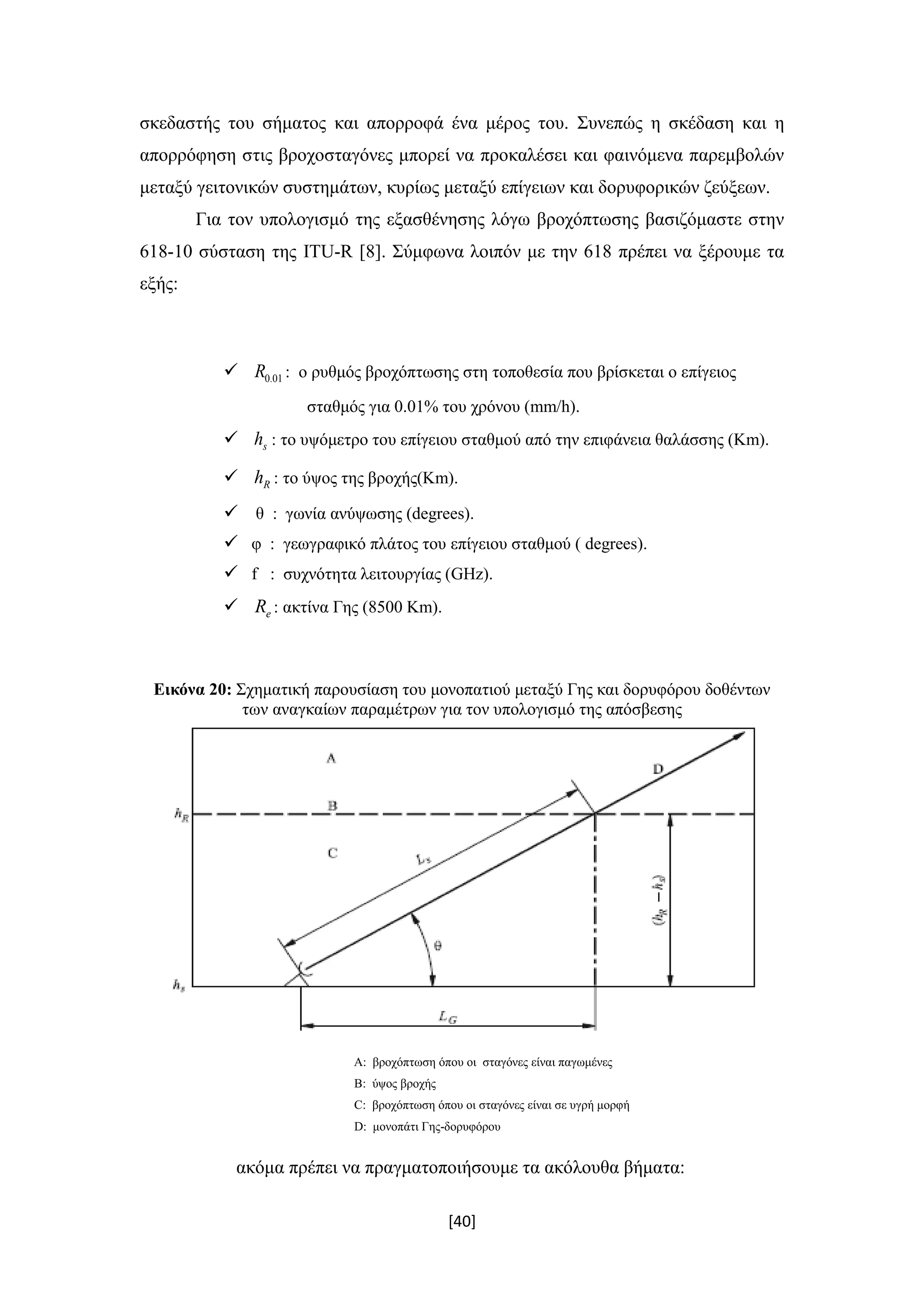 [40]
σκεδαστής του σήματος και απορροφά ένα μέρος του. Συνεπώς η σκέδαση και η
απορρόφηση στις βροχοσταγόνες μπορεί να προκαλέσει και φαινόμενα παρεμβολών
μεταξύ γειτονικών συστημάτων, κυρίως μεταξύ επίγειων και δορυφορικών ζεύξεων.
Για τον υπολογισμό της εξασθένησης λόγω βροχόπτωσης βασιζόμαστε στην
618-10 σύσταση της ITU-R [8]. Σύμφωνα λοιπόν με την 618 πρέπει να ξέρουμε τα
εξής:
 0.01R : ο ρυθμός βροχόπτωσης στη τοποθεσία που βρίσκεται ο επίγειος
σταθμός για 0.01% του χρόνου (mm/h).
 sh : το υψόμετρο του επίγειου σταθμού από την επιφάνεια θαλάσσης (Km).
 Rh : το ύψος της βροχής(Κm).
 θ : γωνία ανύψωσης (degrees).
 φ : γεωγραφικό πλάτος του επίγειου σταθμού ( degrees).
 f : συχνότητα λειτουργίας (GHz).
 eR : ακτίνα Γης (8500 Κm).
Εικόνα 20: Σχηματική παρουσίαση του μονοπατιού μεταξύ Γης και δορυφόρου δοθέντων
των αναγκαίων παραμέτρων για τον υπολογισμό της απόσβεσης
Α: βροχόπτωση όπου οι σταγόνες είναι παγωμένες
Β: ύψος βροχής
C: βροχόπτωση όπου οι σταγόνες είναι σε υγρή μορφή
D: μονοπάτι Γης-δορυφόρου
ακόμα πρέπει να πραγματοποιήσουμε τα ακόλουθα βήματα:
 