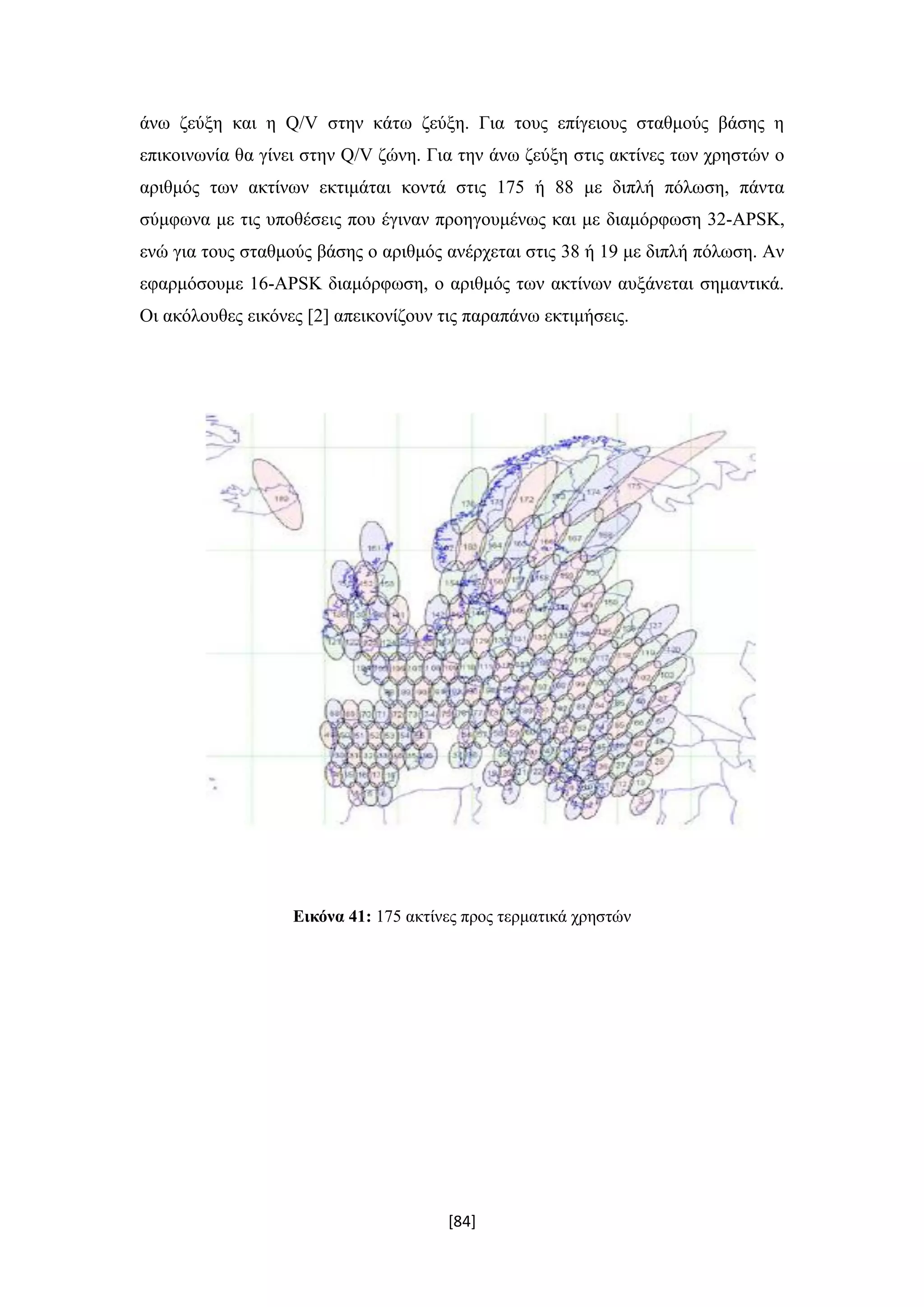 [84]
άνω ζεύξη και η Q/V στην κάτω ζεύξη. Για τους επίγειους σταθμούς βάσης η
επικοινωνία θα γίνει στην Q/V ζώνη. Για την άνω ζεύξη στις ακτίνες των χρηστών ο
αριθμός των ακτίνων εκτιμάται κοντά στις 175 ή 88 με διπλή πόλωση, πάντα
σύμφωνα με τις υποθέσεις που έγιναν προηγουμένως και με διαμόρφωση 32-APSK,
ενώ για τους σταθμούς βάσης ο αριθμός ανέρχεται στις 38 ή 19 με διπλή πόλωση. Αν
εφαρμόσουμε 16-APSK διαμόρφωση, ο αριθμός των ακτίνων αυξάνεται σημαντικά.
Οι ακόλουθες εικόνες [2] απεικονίζουν τις παραπάνω εκτιμήσεις.
Εικόνα 41: 175 ακτίνες προς τερματικά χρηστών
 