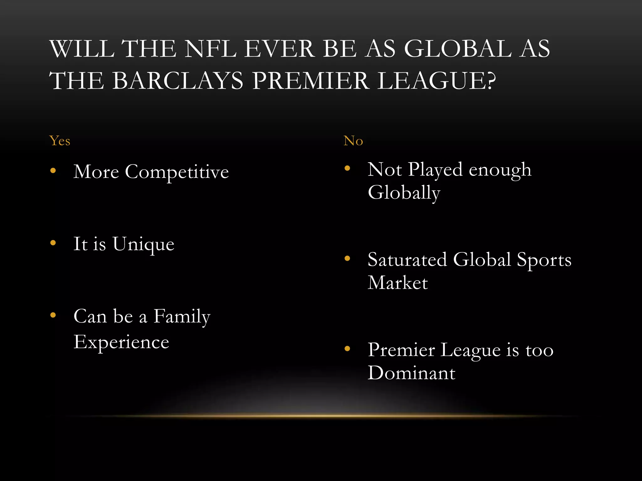 • Not Played enough
Globally
• Saturated Global Sports
Market
• Premier League is too
Dominant
• More Competitive
• It is Unique
• Can be a Family
Experience
WILL THE NFL EVER BE AS GLOBAL AS
THE BARCLAYS PREMIER LEAGUE?
Yes No
 