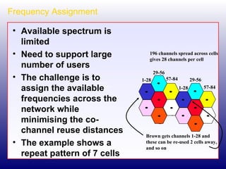 Frequency Assignment Available spectrum is limited Need to support large number of users The challenge is to assign the available frequencies across the network while minimising the co-channel reuse distances The example shows a repeat pattern of 7 cells 196 channels spread across cells gives 28 channels per cell 1-28 1-28 29-56 29-56 57-84 57-84 Brown gets channels 1-28 and these can be re-used 2 cells away, and so on  