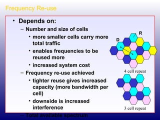 Frequency Re-use Depends on: Number and size of cells more smaller cells carry more total traffic enables frequencies to be reused more increased system cost Frequency re-use achieved tighter reuse gives increased capacity (more bandwidth per cell) downside is increased interference Total available spectrum 4 cell repeat 3 cell repeat D R 