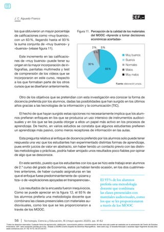 56 | Tecnología, Ciencia y Educación, 16 (mayo-agosto 2020), pp. 41-62
J. C. Aguado Franco
Otro de los objetivos que se pretendían con esta investigación era conocer la forma de
docencia preferida por los alumnos, dadas las posibilidades que han surgido en los últimos
años gracias a las tecnologías de la información y la comunicación (TIC).
El hecho de que hayan surgido estas opciones no necesariamente implica que los alum-
nos prefieran enfoques en los que se produzca un uso intensivo de instrumentos audiovi-
suales y en los que se les pueda otorgar a ellos un papel más activo en los procesos de
aprendizaje. De hecho, en varios estudios se constata que algunos estudiantes prefieren
un aprendizaje más pasivo, como meros receptores de información en las aulas.
Esta pregunta relativa al enfoque de docencia preferido por los alumnos solo puede tener
respuesta una vez que los estudiantes han experimentado distintas formas de aprendizaje,
pues emitir juicios de valor en abstracto, sin haber tenido un contacto previo con las distin-
tas metodologías o prácticas, podría haber arrojado unos resultados poco fiables por opinar
de algo que se desconoce.
En este sentido, puesto que los estudiantes con los que se hizo este trabajo eran alumnos
de 2.º curso del grado de Economía, estos ya habían tenido ocasión, en los dos cuatrimes-
tres anteriores, de haber cursado asignaturas en las
que el enfoque fuese predominantemente de «pizarra y
tiza» o de «explicaciones apoyadas en transparencias».
Los resultados de la encuesta fueron inequívocos.
Como se puede apreciar en la figura 12, el 93 % de
los alumnos prefería una metodología docente que
combinara las clases presenciales con materiales au-
diovisuales, como los que se les proporcionaron a
través de los MOOC.
los que obtuvieron un mayor porcentaje
de calificaciones como «muy buenos»,
con un 63 %, llegando hasta el 93 %
la suma conjunta de «muy buenos» y
«buenos» (véase figura 11).
Este incremento en las calificacio-
nes de «muy buenos» puede tener su
origen en la mayor incorporación de in-
fografías, pantallas multimedia y test
de comprensión de los vídeos que se
incorporaron en este curso, respecto
a los que formaban parte de los otros
cursos que se diseñaron anteriormente.
El 93 % de los alumnos
prefería una metodología
docente que combinara
las clases presenciales con
materiales audiovisuales, como
los que se les proporcionaron
a través de los MOOC
Figura 11. Percepción de la calidad de los materiales
del MOOC «Aprende a tomar decisiones
económicas acertadas»
Fuente: elaboración propia.
Muy buenos
Buenos
Normales
Malos
Muy malos
63 %
30 %
5 %
2 % 0 %
Todos los derechos reservados. Cualquier forma de reproducción, distribución, comunicación pública o transformación de esta obra solo puede ser realizada con la autorización del Centro de Estudios
Financieros, CEF, salvo excepción prevista por la ley. Diríjase a CEDRO (Centro Español de Derechos Reprográficos, www.cedro.org) si necesita fotocopiar o escanear algún fragmento de esta obra
(www.conlicencia.com; 91 702 19 70 / 93 272 04 47).
 