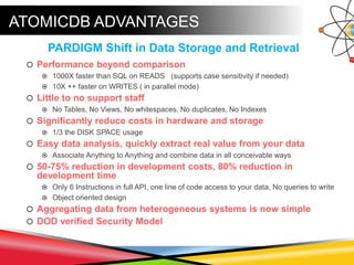 ATOMICDB ADVANTAGES
 Performance beyond comparison
 1000X faster than SQL on READS (supports case sensitivity if needed)
 10X ++ faster on WRITES ( in parallel mode)
 Little to no support staff
 No Tables, No Views, No whitespaces, No duplicates, No Indexes
 Significantly reduce costs in hardware and storage
 1/3 the DISK SPACE usage
 Easy data analysis, quickly extract real value from your data
 Associate Anything to Anything and combine data in all conceivable ways
 50-75% reduction in development costs, 80% reduction in
development time
 Only 6 Instructions in full API, one line of code access to your data, No queries to write
 Object oriented design
 Aggregating data from heterogeneous systems is now simple
 DOD verified Security Model
PARDIGM Shift in Data Storage and Retrieval
 