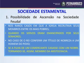 1. Possibilidade de Ascensão na Sociedade 
Feudal 
• NOS RAROS CASOS EM QUE A IGREJA RECRUTAVA SEUS 
MEMBROS ENTRE OS MAIS POBRES; 
• QUANDO OS SERVOS ERAM EMANCIPADOS POR SEUS 
SENHORES; 
• NO CASO DE O REI CONFERIR UM TÍTULO DE NOBREZA A UM 
HOMEM DO POVO; 
• SE A FILHA DE UM COMERCIANTE CASASSE COM UM NOBRE, 
TORNANDO-SE, ASSIM, MEMBRO DA ARISTOCRACIA. 
 