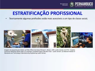 • Teoricamente algumas profissões estão mais acessíveis a um tipo de classe social; 
Imagens da esquerda para direita: (a) Petty Officer 2nd Class Michael C. Barton, USN / public domain; (b) H19 / Creative 
Commons Attribution-Share Alike 3.0 Unported; (c)USAID-image (Cafe Bom Dia) / public domain; (d) National Institute of 
Standards and Technology’s Manufacturing Engineering/ public domain 
 