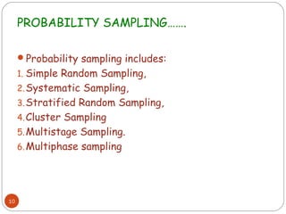 PROBABILITY SAMPLING…….

     Probability sampling includes:
     1. Simple Random Sampling,
     2. Systematic Sampling,
     3. Stratified Random Sampling,
     4. Cluster Sampling
     5. Multistage Sampling.
     6. Multiphase sampling




10
 