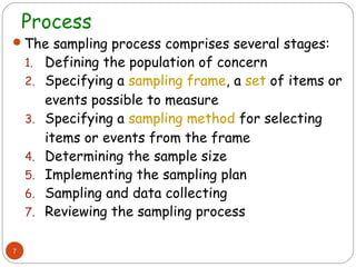 Process
The sampling process comprises several stages:
    1.   Defining the population of concern
    2.   Specifying a sampling frame, a set of items or
         events possible to measure
    3.   Specifying a sampling method for selecting
         items or events from the frame
    4.   Determining the sample size
    5.   Implementing the sampling plan
    6.   Sampling and data collecting
    7.   Reviewing the sampling process

7
 