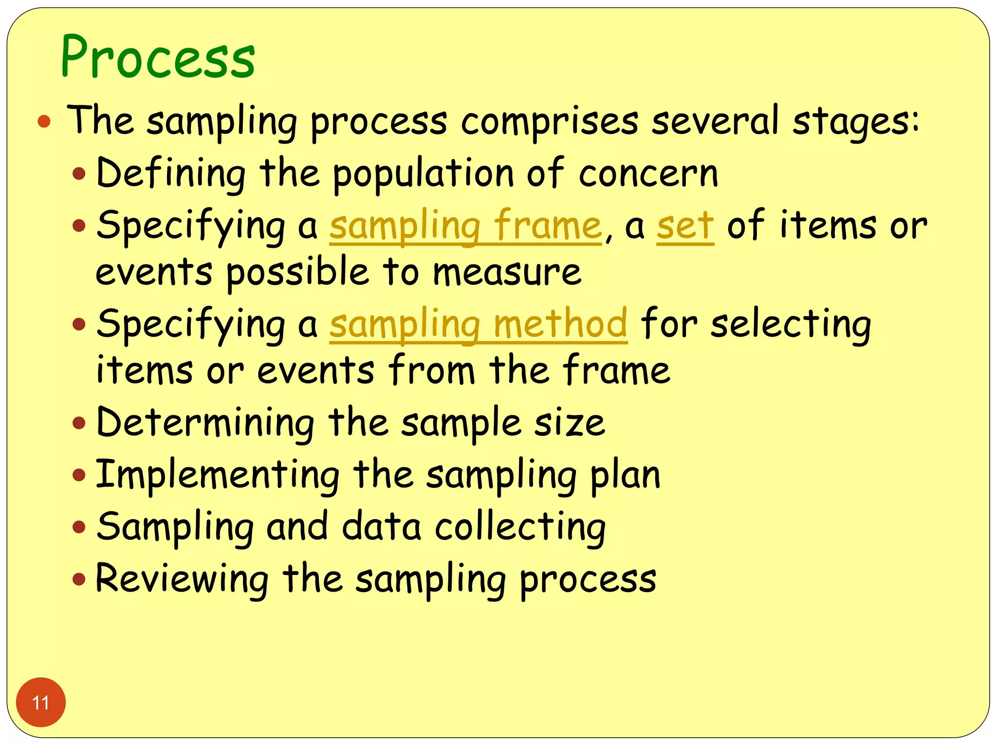 Process
11
 The sampling process comprises several stages:
 Defining the population of concern
 Specifying a sampling frame, a set of items or
events possible to measure
 Specifying a sampling method for selecting
items or events from the frame
 Determining the sample size
 Implementing the sampling plan
 Sampling and data collecting
 Reviewing the sampling process
 