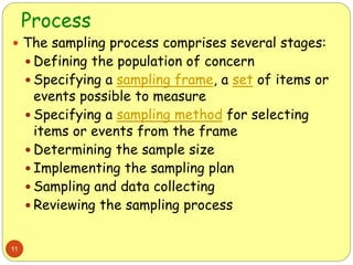 Process
11
 The sampling process comprises several stages:
 Defining the population of concern
 Specifying a sampling frame, a set of items or
events possible to measure
 Specifying a sampling method for selecting
items or events from the frame
 Determining the sample size
 Implementing the sampling plan
 Sampling and data collecting
 Reviewing the sampling process
 