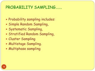 PROBABILITY SAMPLING…….
16
 Probability sampling includes:
 Simple Random Sampling,
 Systematic Sampling,
 Stratified Random Sampling,
 Cluster Sampling
 Multistage Sampling.
 Multiphase sampling
 