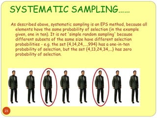 SYSTEMATIC SAMPLING……
23
As described above, systematic sampling is an EPS method, because all
elements have the same probability of selection (in the example
given, one in ten). It is not 'simple random sampling' because
different subsets of the same size have different selection
probabilities - e.g. the set {4,14,24,...,994} has a one-in-ten
probability of selection, but the set {4,13,24,34,...} has zero
probability of selection.
 