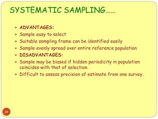 SYSTEMATIC SAMPLING……
24
 ADVANTAGES:
 Sample easy to select
 Suitable sampling frame can be identified easily
 Sample evenly spread over entire reference population
 DISADVANTAGES:
 Sample may be biased if hidden periodicity in population
coincides with that of selection.
 Difficult to assess precision of estimate from one survey.
 
