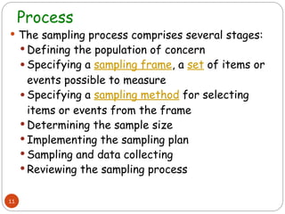 Process
11
 The sampling process comprises several stages:
 Defining the population of concern
 Specifying a sampling frame, a set of items or
events possible to measure
 Specifying a sampling method for selecting
items or events from the frame
 Determining the sample size
 Implementing the sampling plan
 Sampling and data collecting
 Reviewing the sampling process
 